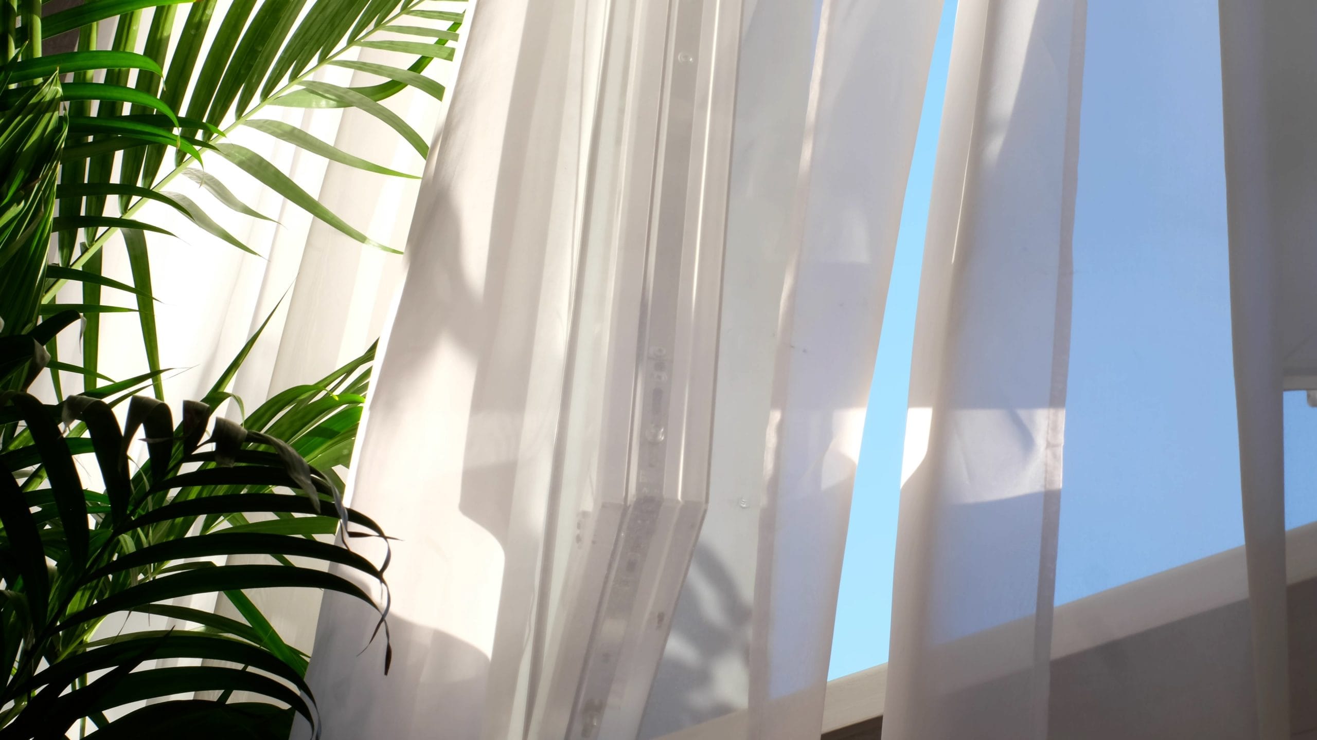 Cortinas blancas movidas por la brisa junto a una ventana, ventilación cruzada